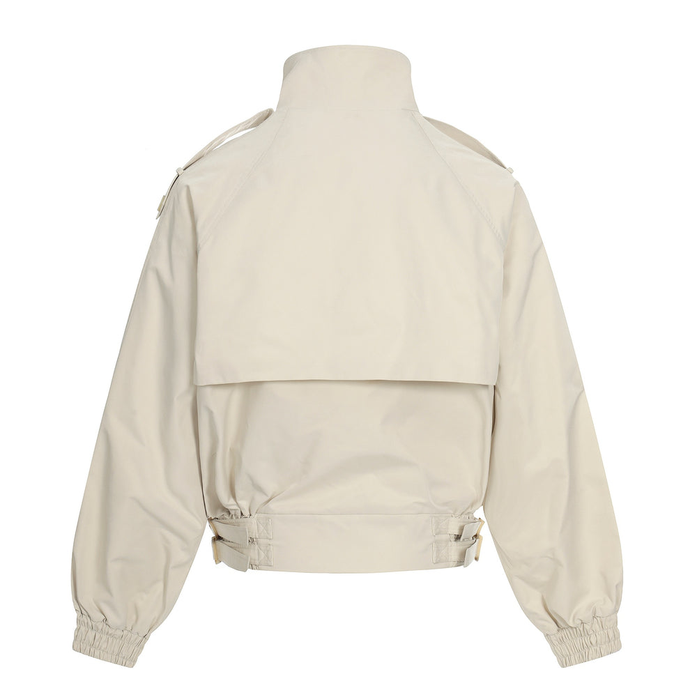 Damen Kurz geschnittene Boxy-Trenchjacke mit hohem Funnelkragen, Schulterklappen und verstellbarem Taillengurt Shop Nory