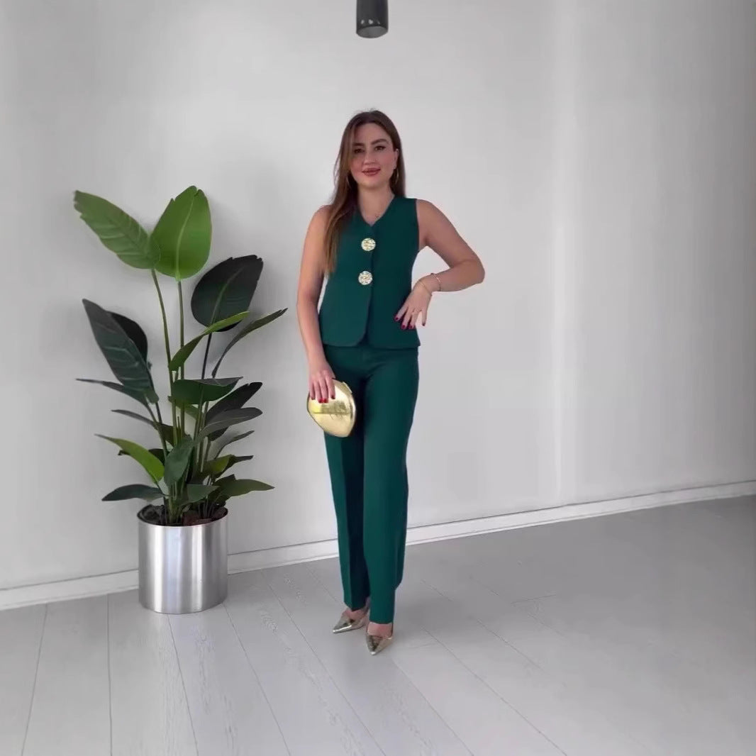 Damen Ärmelloses Tailoring-Set mit taillierter Weste, Zierknöpfen und weiter Palazzo-Hose Shop Nory