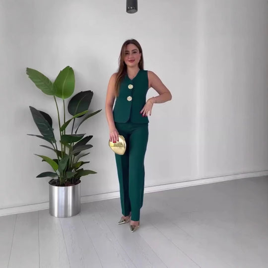 Damen Ärmelloses Tailoring-Set mit taillierter Weste, Zierknöpfen und weiter Palazzo-Hose Shop Nory