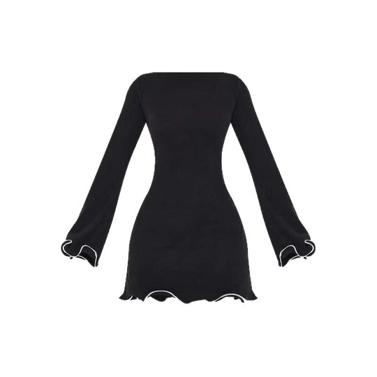 Damen Figurbetontes Minikleid mit U-Boot-Ausschnitt, Glockenärmeln und kontrastierendem Wellensaum Shop Nory