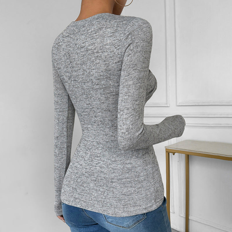 Damen Enganliegendes Langarm-Rippshirt mit Frontknoten und Rundhalsausschnitt Shop Nory