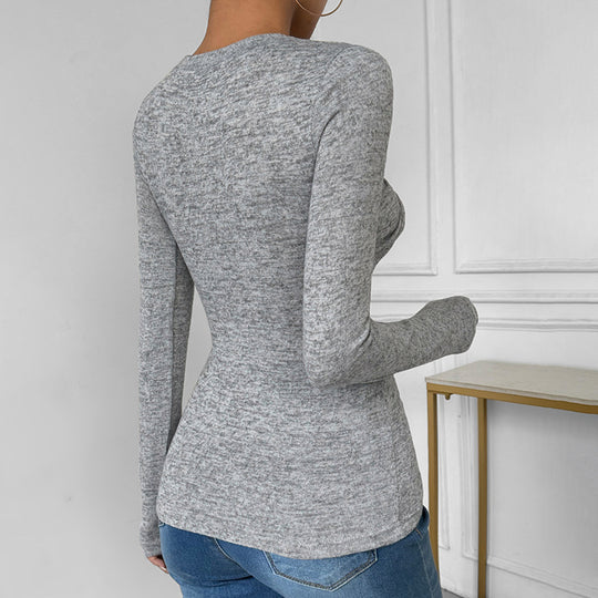 Damen Enganliegendes Langarm-Rippshirt mit Frontknoten und Rundhalsausschnitt Shop Nory