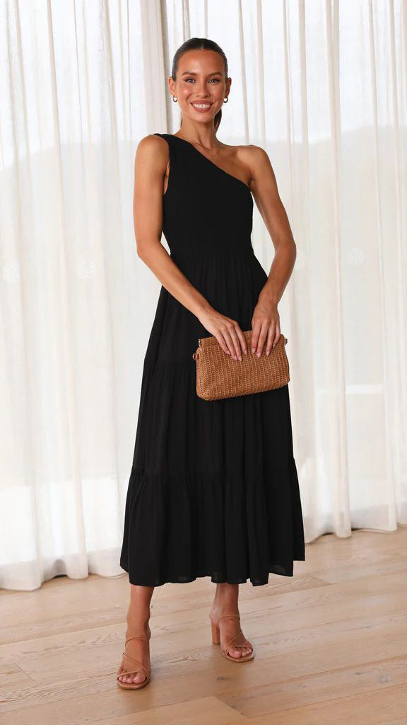 Damen Elegantes One-Shoulder-Maxikleid mit fließendem Rock