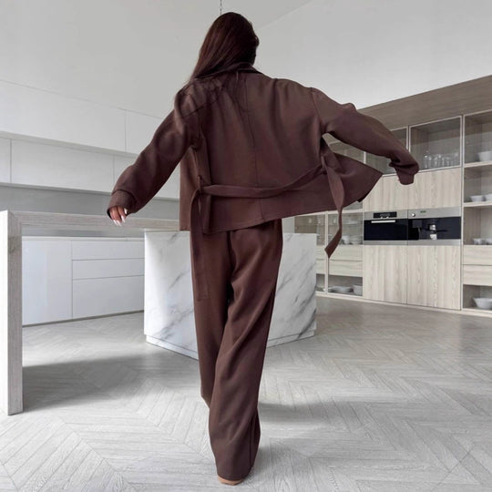 Damen Zweiteiliges Loungewear-Set mit tailliertem Blouson, Bindegürtel und weiter Palazzo-Hose Shop Nory