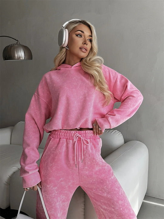 Damen kurz geschnittenes Kapuzenhoodie und hoch geschnittene Jogginghose Set Shop Nory