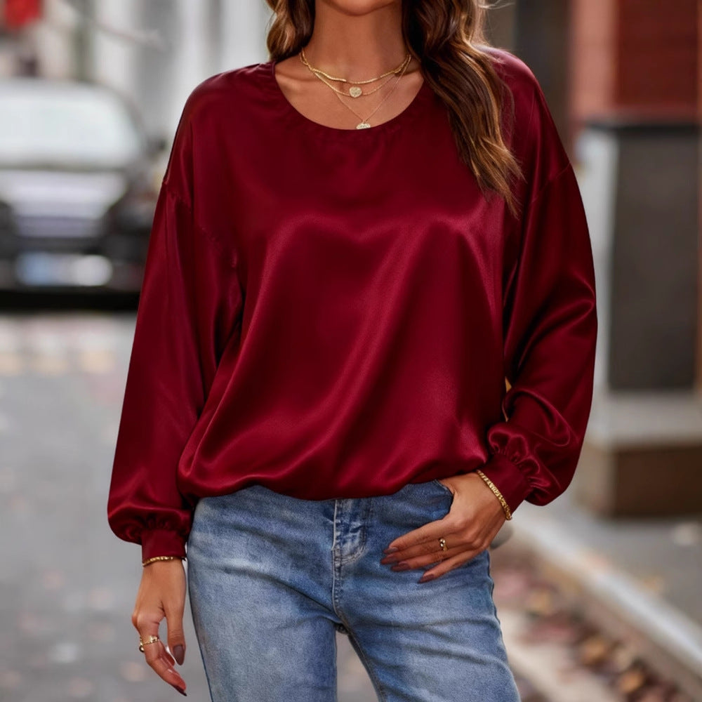 Damen Glänzende Satin-Bluse mit Rundhalsausschnitt und Ballonärmeln Shop Nory