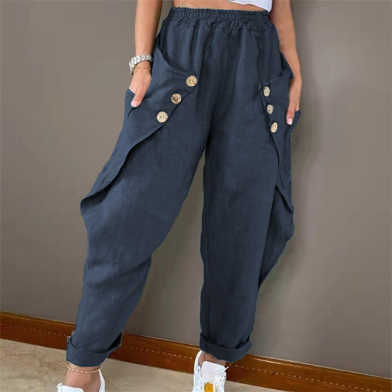 Damen lässige Sommerhose mit Knopfdetails und praktischen Seitentaschen