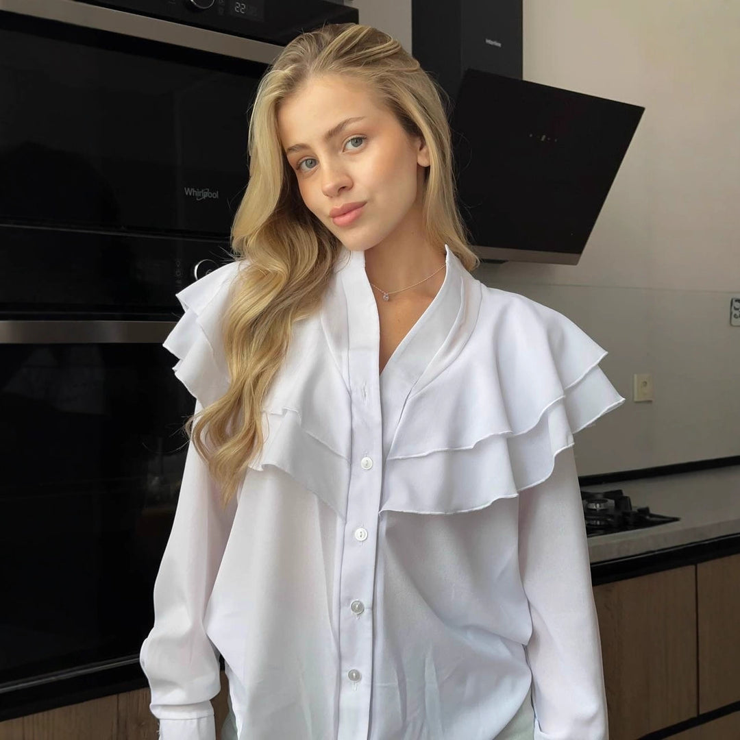 Damen Chiffon-Bluse mit mehrlagiger Volant-Rüsche und Perlmuttknöpfen Shop Nory