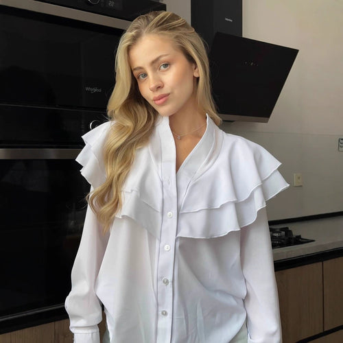 Damen Chiffon-Bluse mit mehrlagiger Volant-Rüsche und Perlmuttknöpfen Shop Nory