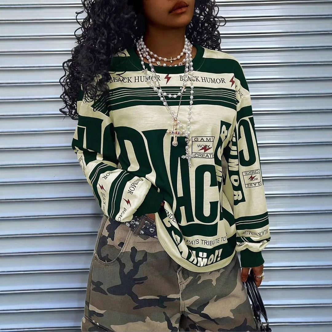 Damen Oversize‑Longsleeve Sweatshirt mit Allover‑Grafik, Rundhalsausschnitt und gerippten Bündchen Shop Nory