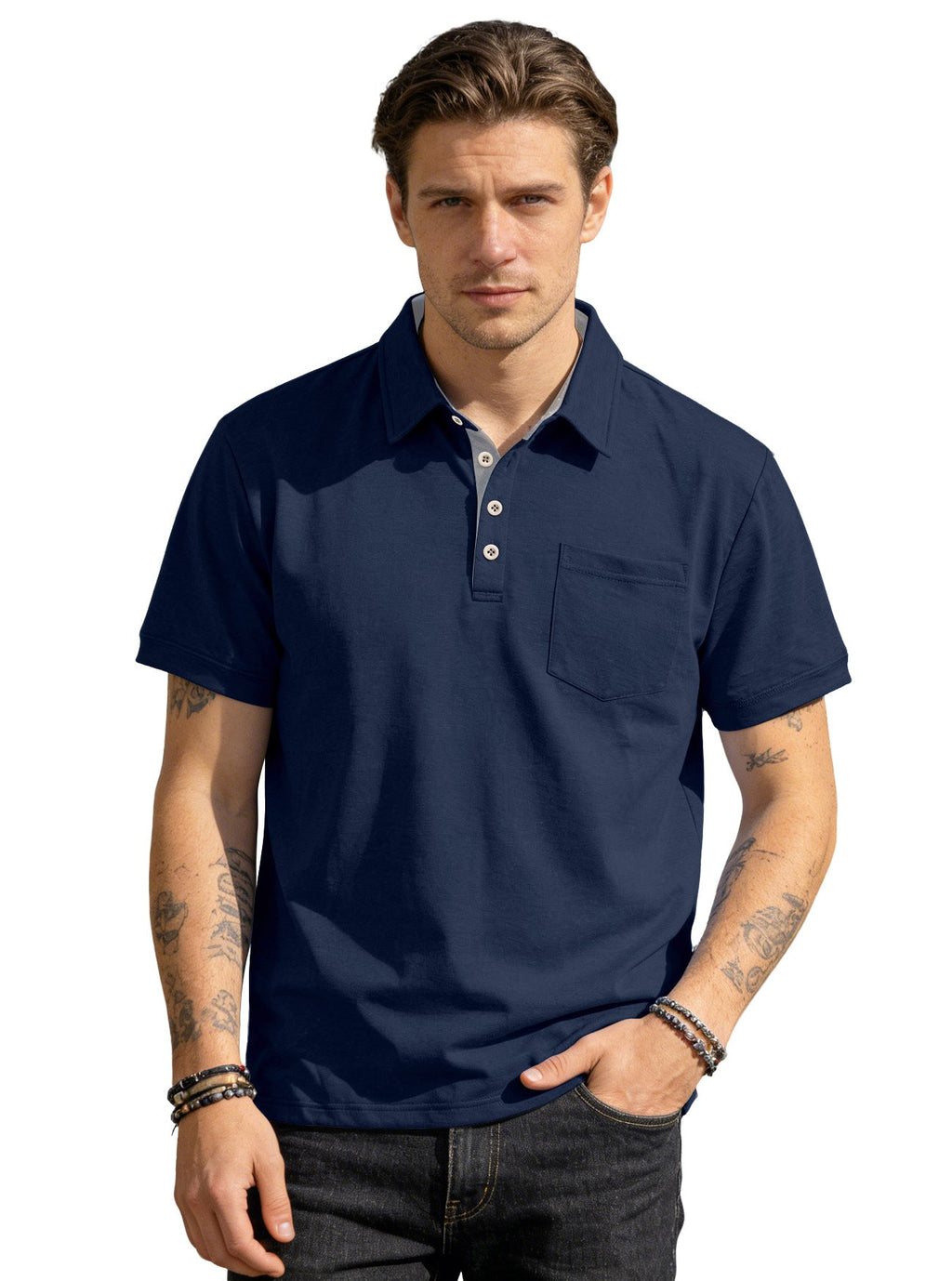 Herren nan Kurzarm-Polokragen-Shirt aus texturiertem Jersey mit Brusttasche und kontrastierter Knopfleiste