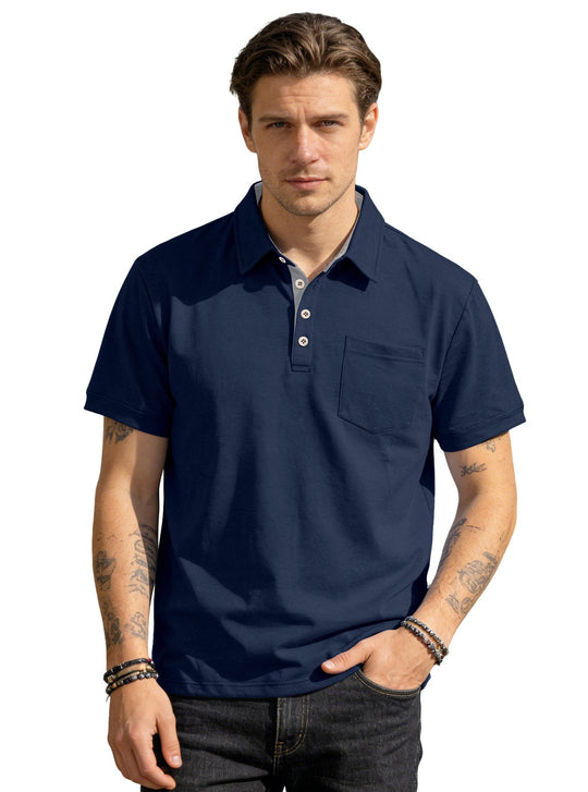 Herren nan Kurzarm-Polokragen-Shirt aus texturiertem Jersey mit Brusttasche und kontrastierter Knopfleiste