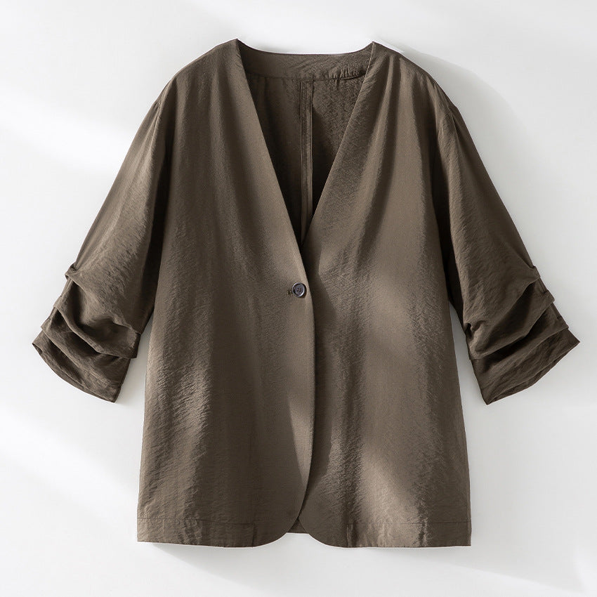Damen Leichter Oversize-Blazer mit V-Ausschnitt, Ein-Knopf-Verschluss und gerafften Dreiviertelärmeln Shop Nory