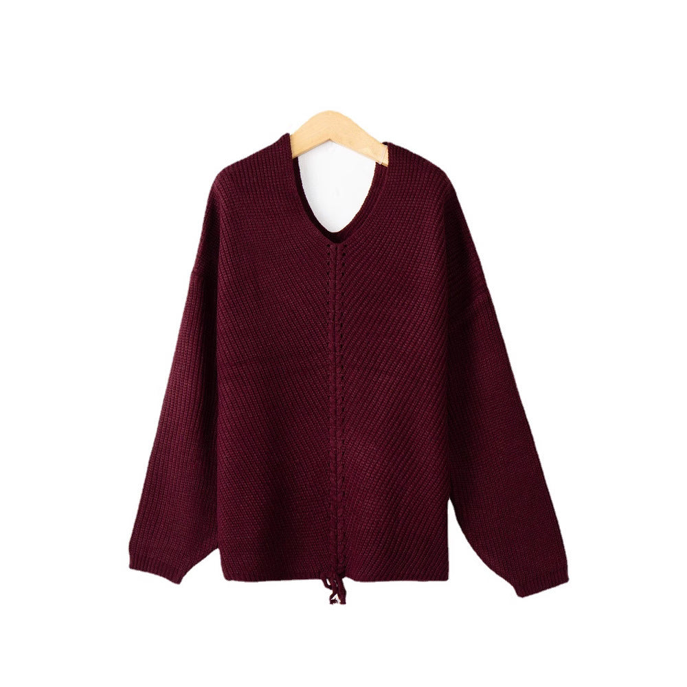 Damen Strickpullover mit Zopfmittelnaht, V‑Ausschnitt und Kordelzug Shop Nory