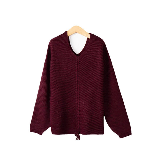Damen Strickpullover mit Zopfmittelnaht, V‑Ausschnitt und Kordelzug Shop Nory