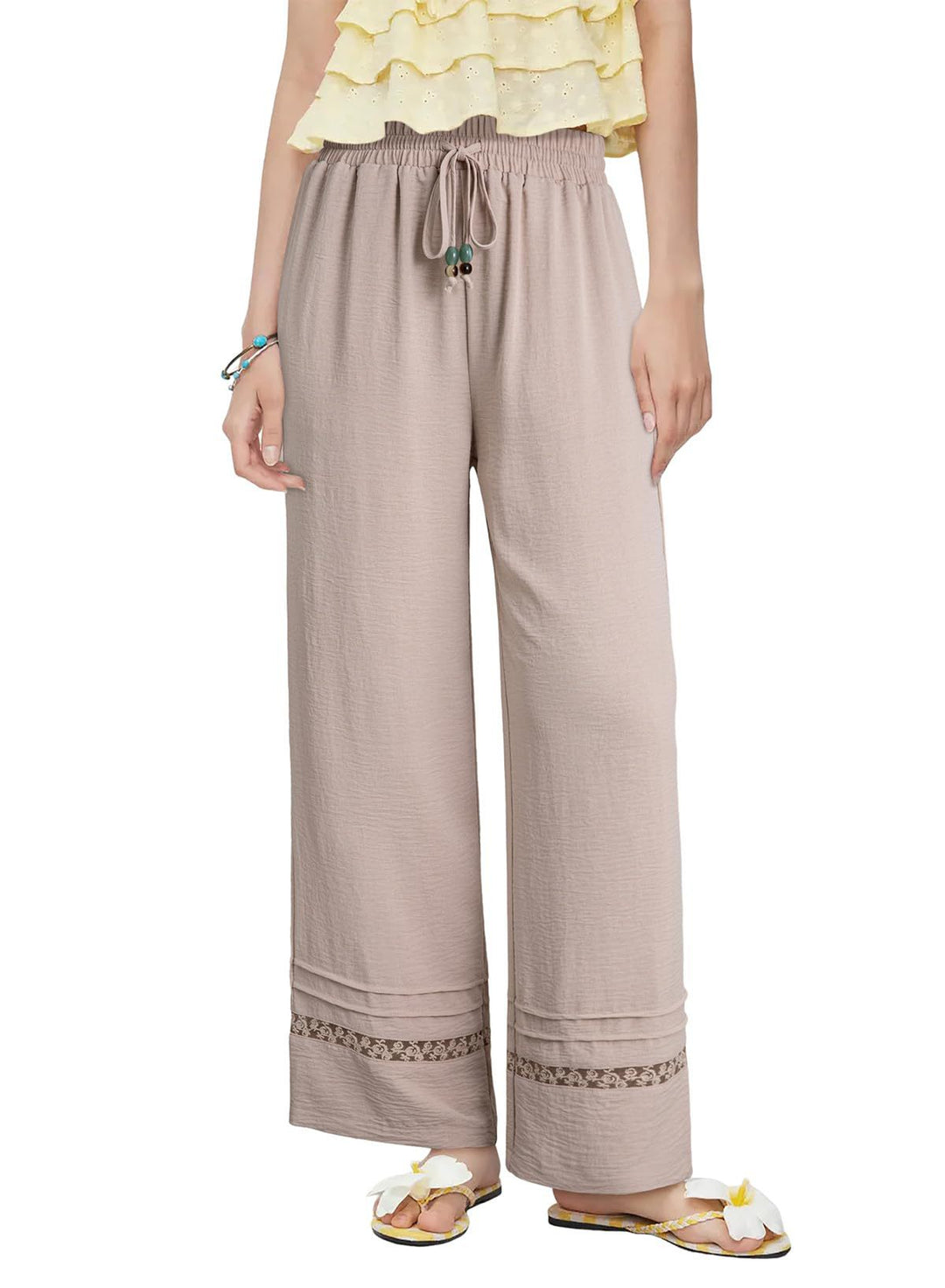 Damen Weite Leinenoptik-Hose mit hohem Gummibund, Bindekordel und Spitzeneinsatz Shop Nory