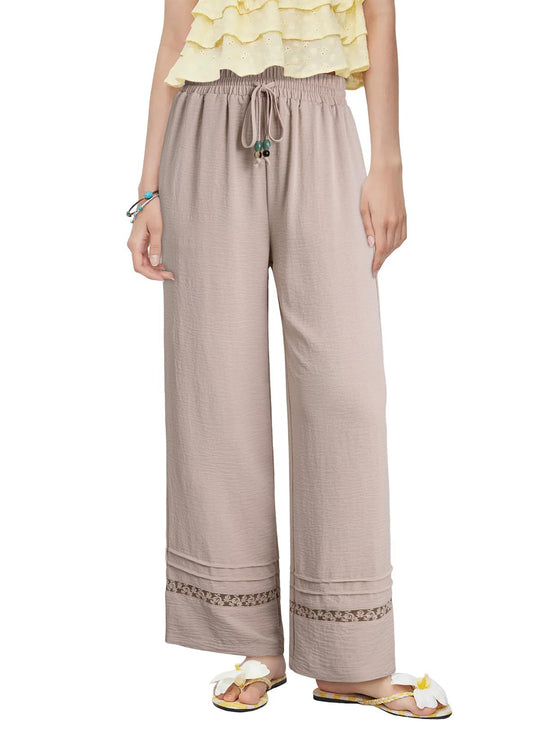 Damen Weite Leinenoptik-Hose mit hohem Gummibund, Bindekordel und Spitzeneinsatz Shop Nory