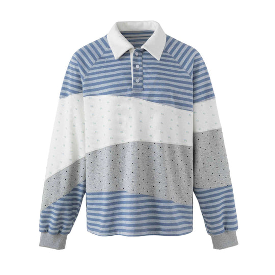 Damen Gestreifter Rugby-Pullover mit großem Kentkragen und Colourblock-Struktur Shop Nory