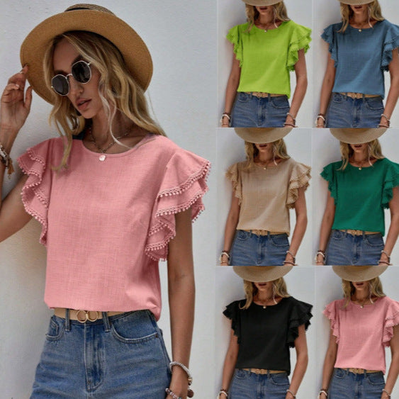 Damen Bluse mit Volantärmeln und Pompon-Spitzenbesatz Shop Nory