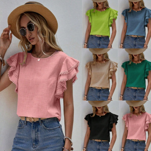 Damen Bluse mit Volantärmeln und Pompon-Spitzenbesatz Shop Nory