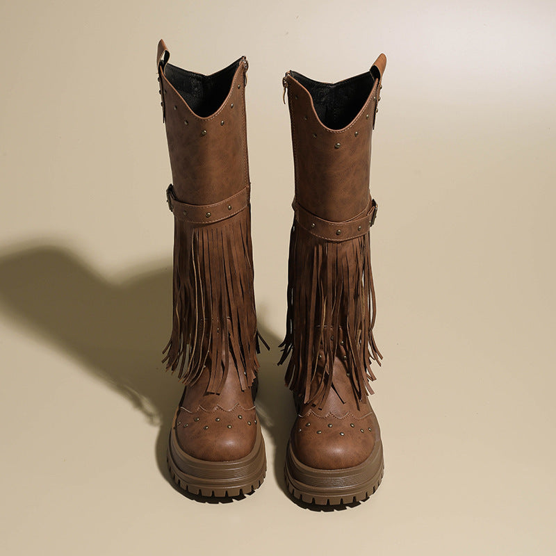 Damen Overknee-Stiefel mit modischem Fransen-Design und robustem Profil