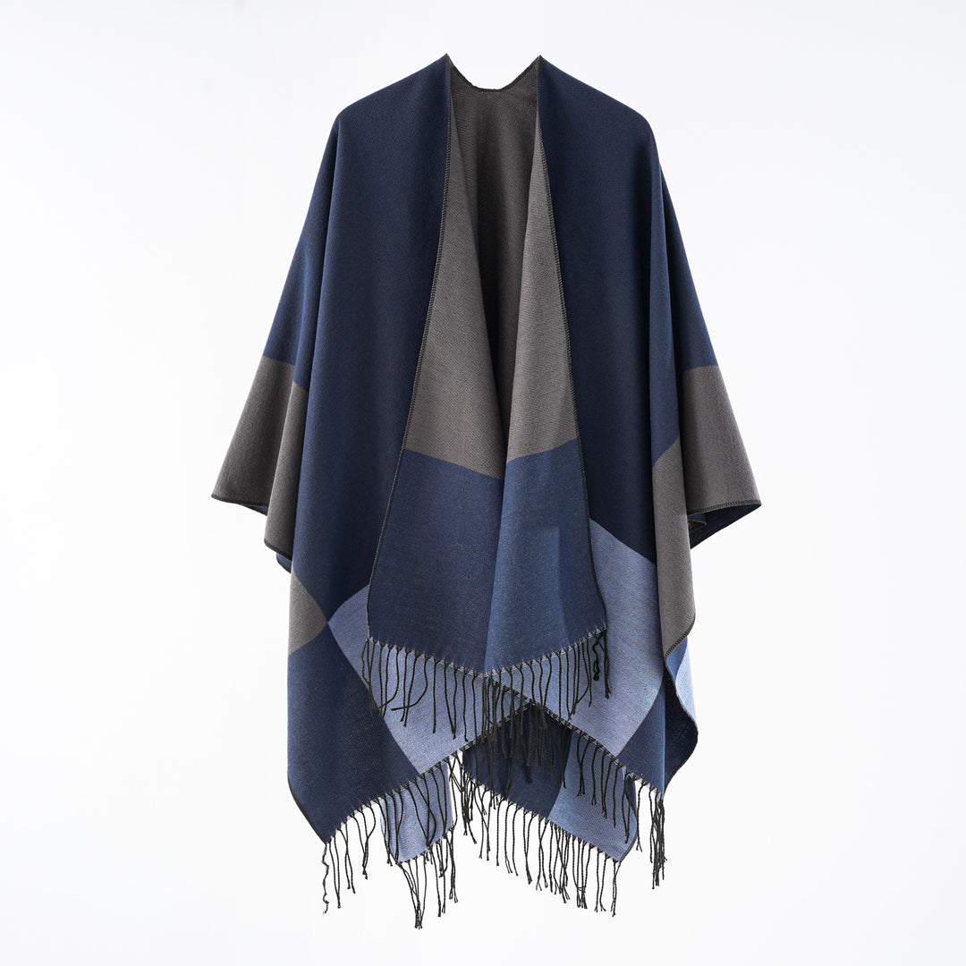 Damen eleganter Wollmix-Capeponcho mit grafischem Blockmuster und Fransen Shop Nory