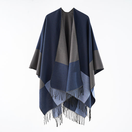 Damen eleganter Wollmix-Capeponcho mit grafischem Blockmuster und Fransen Shop Nory