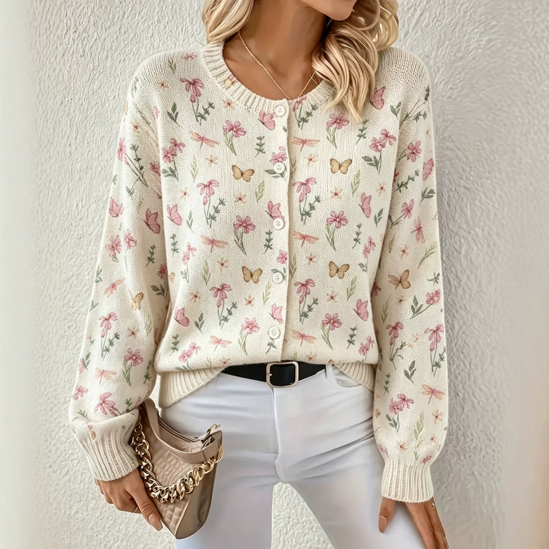 Damen Leichter Jacquard‑Strickcardigan mit Leo‑Print, Rundhalsausschnitt und Knopfleiste Shop Nory