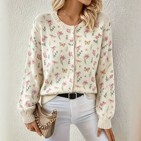 Damen Leichter Jacquard‑Strickcardigan mit Leo‑Print, Rundhalsausschnitt und Knopfleiste Shop Nory