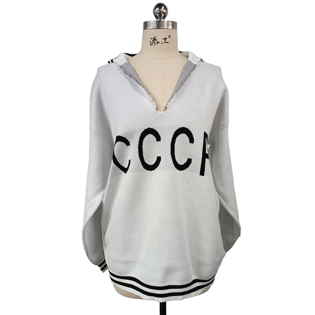 Damen oversize Strickpullover mit tiefem V-Ausschnitt und Kapuze Shop Nory