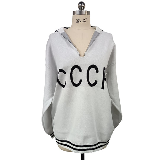 Damen oversize Strickpullover mit tiefem V-Ausschnitt und Kapuze Shop Nory