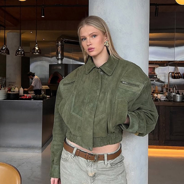 Damen Kurzer Veloursleder-Bomber mit elastischer Taillierung und überschnittener Schulter Shop Nory