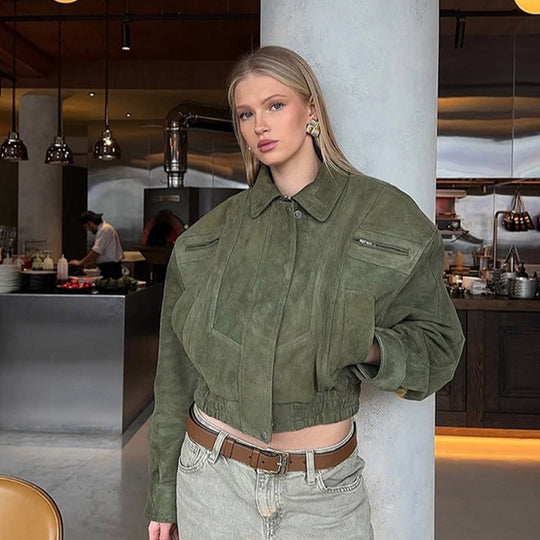 Damen Kurzer Veloursleder-Bomber mit elastischer Taillierung und überschnittener Schulter Shop Nory