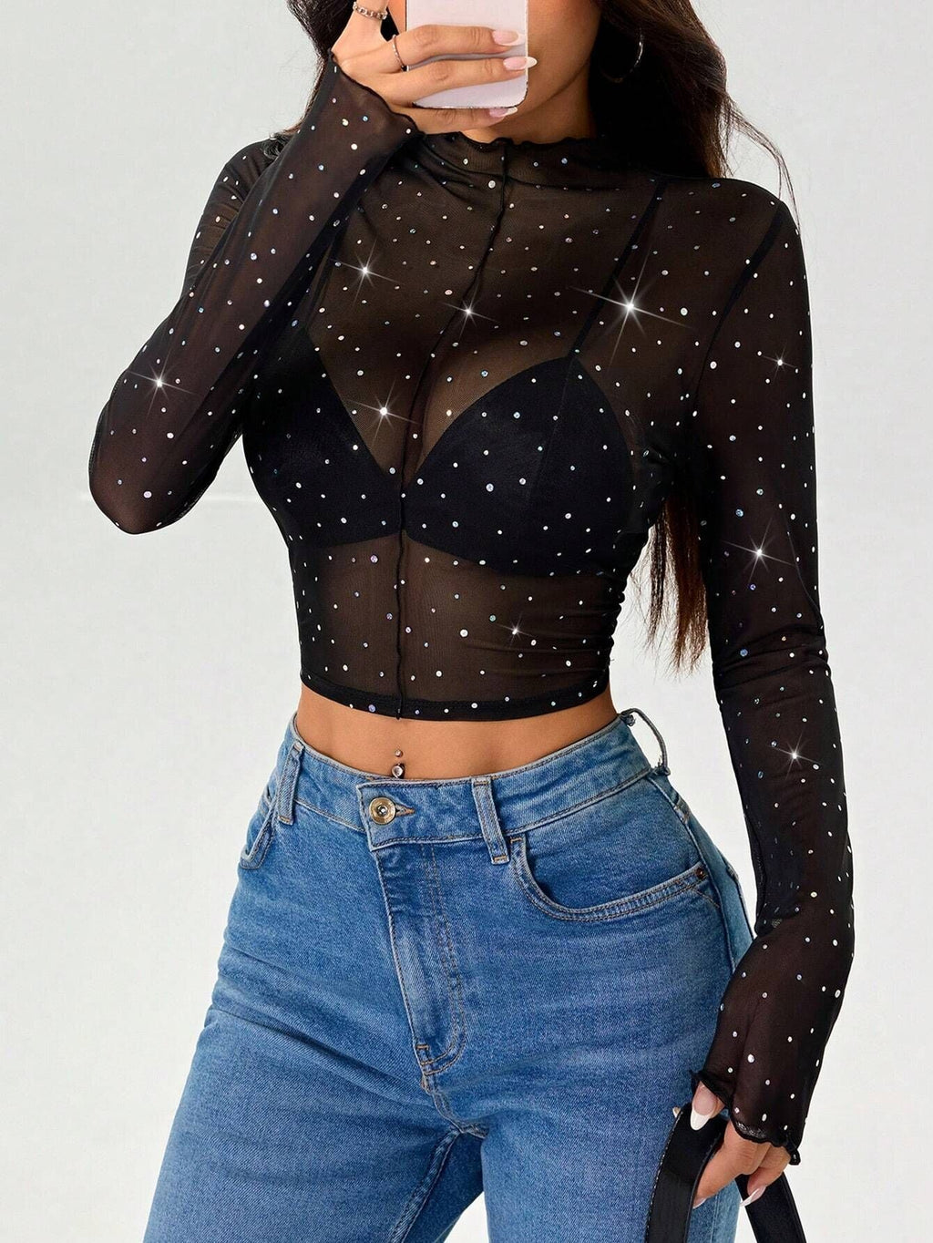 Damen Transparentes Oberteil mit Glitzer