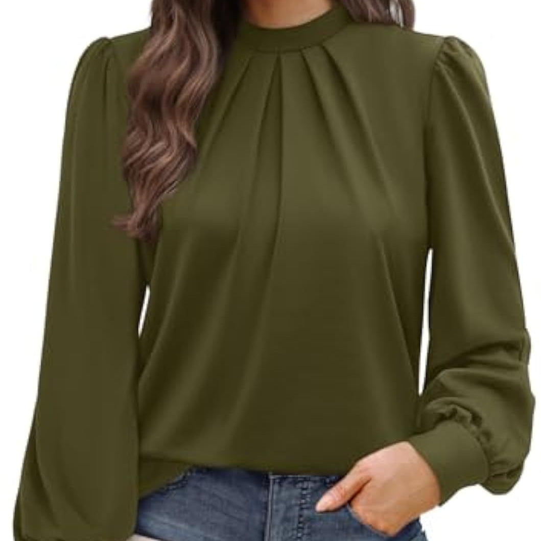 Damen Langärmelige Satinbluse mit Stehkragen, Brustfalten und gerippten Bündchen Shop Nory