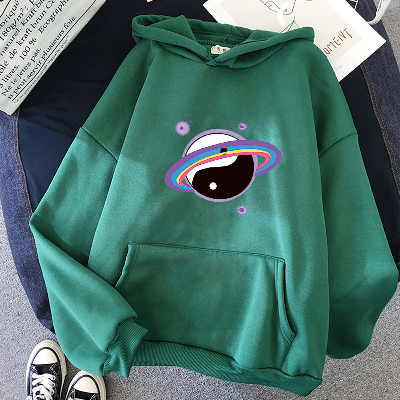 Damen nan Oversized Kapuzenpullover aus Baumwollmischung mit Planeten-Yin‑Yang-Grafik und Kängurutasche Shop Nory