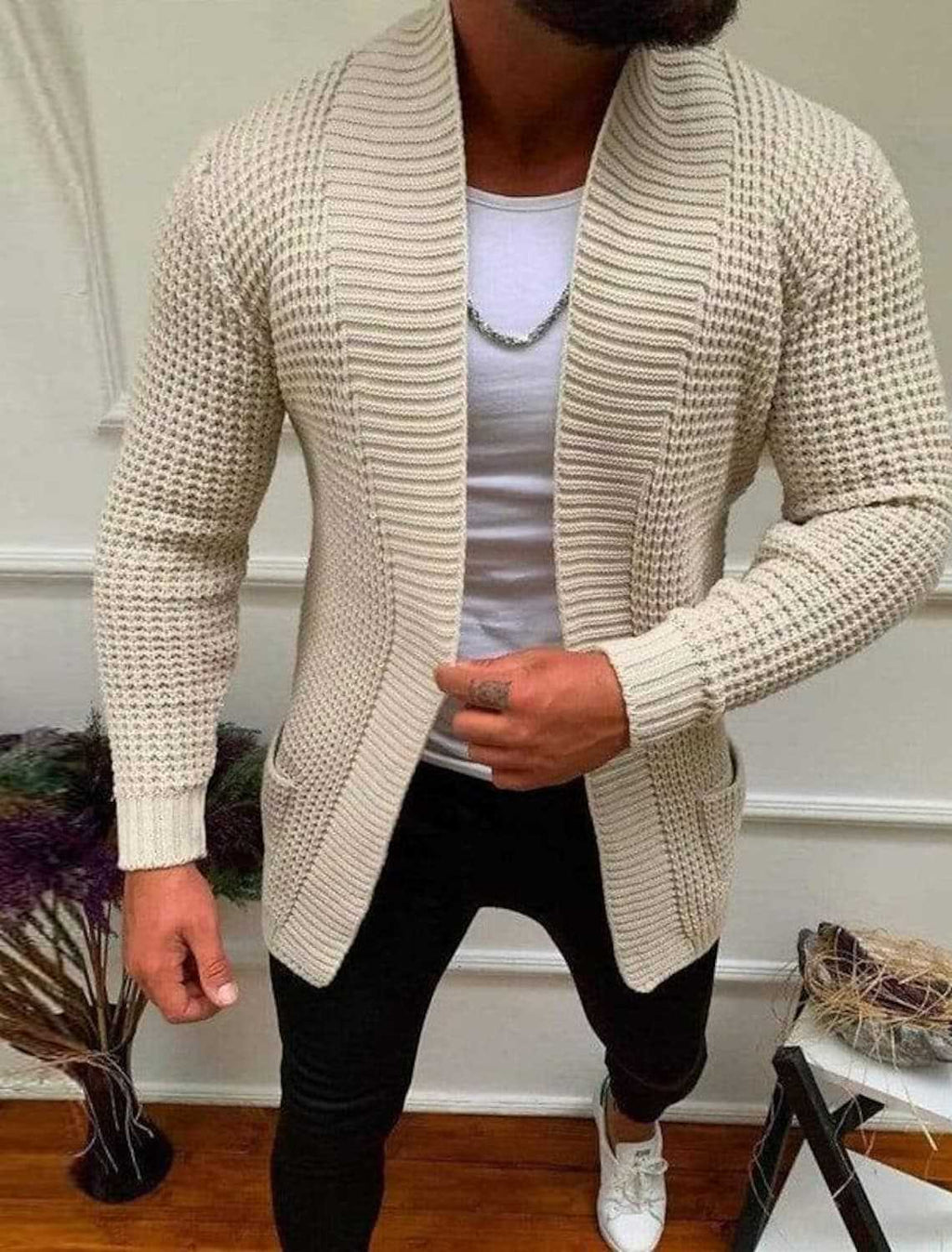 Herren Grobe Strickjacke mit offenem Design und tiefem Kragen Shopnory