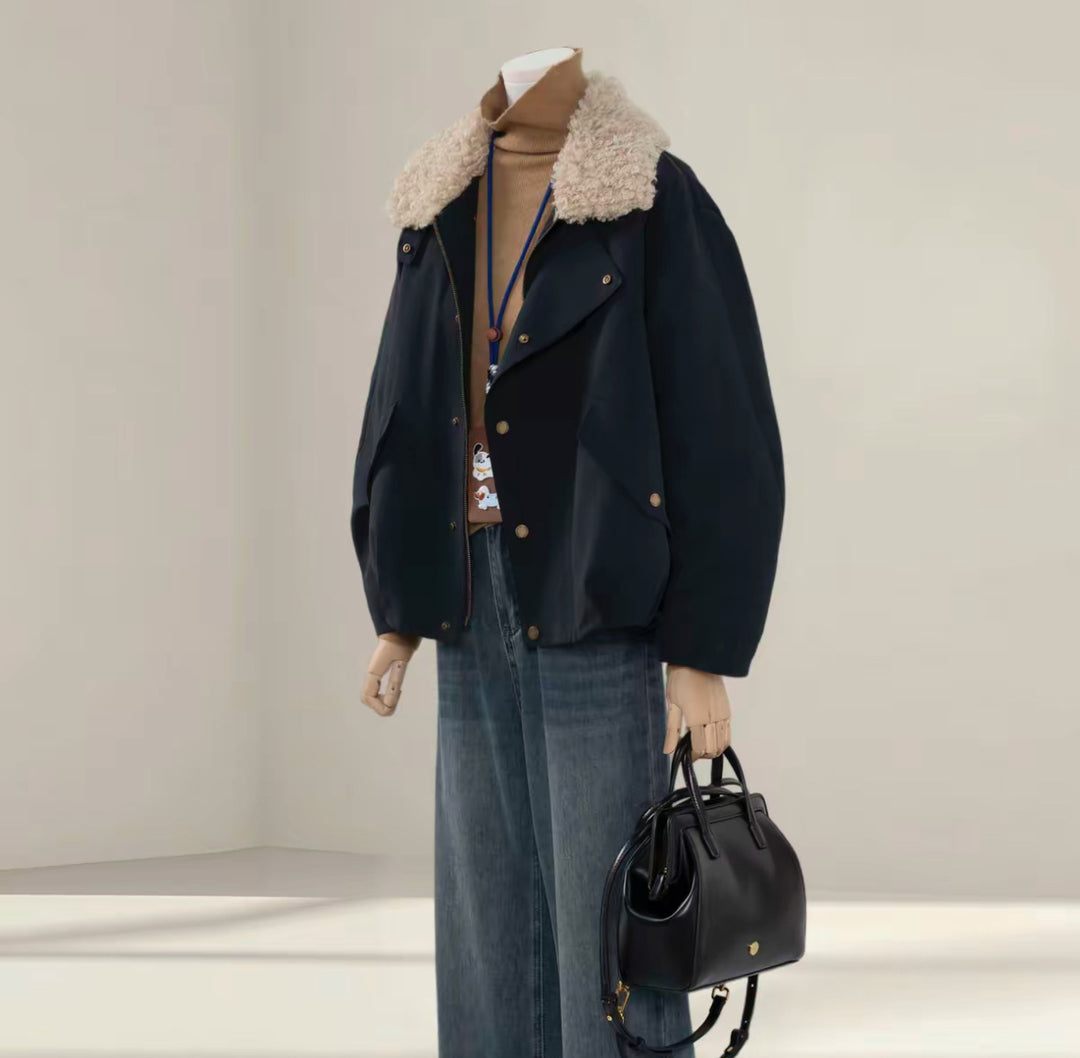 Damen Kurze Oversize-Bomberjacke mit Teddykragen und Druckknopfdetails Shop Nory