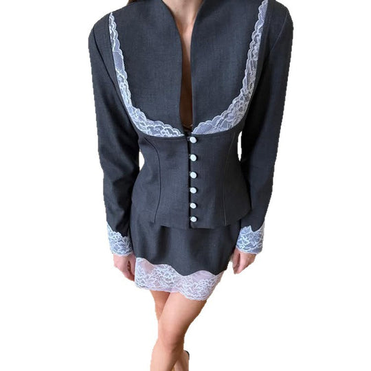 Damen Tailliertes Blazer- und Minirock-Set mit Spitzenbesatz Shop Nory