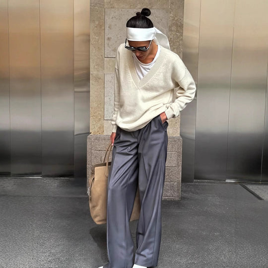Damen Oversize V-Ausschnitt Pullover aus Kaschmir-Mix mit geripptem Saum Shop Nory