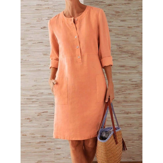 Damen Locker geschnittenes Leinenoptik-Kleid mit dreiviertel-Ärmeln, Knopfleiste und Eingrifftaschen Shop Nory