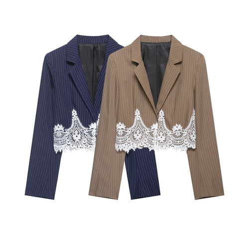 Damen Zweiteiliges Nadelstreifen-Blazer und Maxirock Set mit Spitzen-Camisole Shop Nory