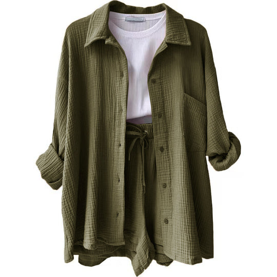 Damen nan lässiges oversized Hemd und Shorts Set mit Brusttasche Kordelbund und gerauter Baumwollstruktur Shop Nory
