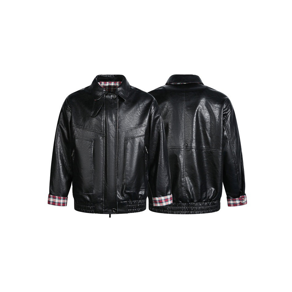 Herren Kurzer Kunstleder‑Blousonjacke im Pilotenstil mit kariertem Futter Shop Nory