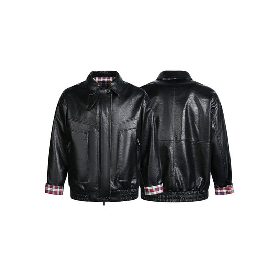 Herren Kurzer Kunstleder‑Blousonjacke im Pilotenstil mit kariertem Futter Shop Nory