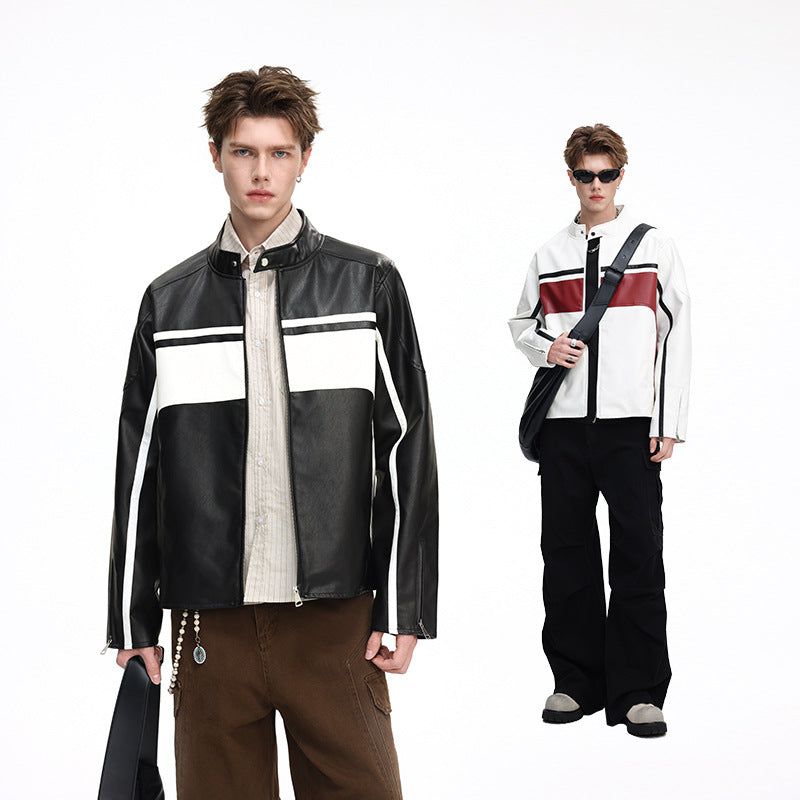 Herren Kontrast-Kunstleder-Bikerjacke mit Stehkragen und Zip-Ärmeln Shop Nory
