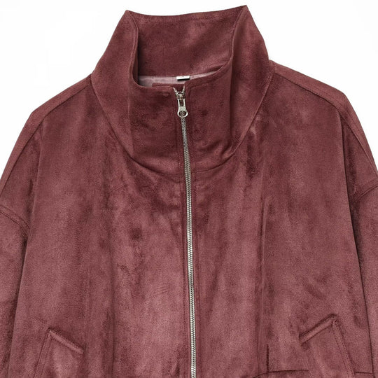 Damen Kurzjacke im Bomberstil aus Veloursleder-Optik mit hohem Stehkragen und Kängurutaschen Shop Nory