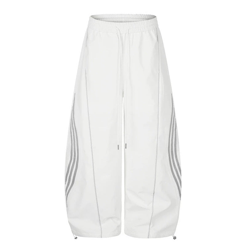 Damen Weite Tech-Material Palazzohose mit Tunnelzugbund, reflektierenden Seitenstreifen und verstellbarem Kordel-Saum Shop Nory