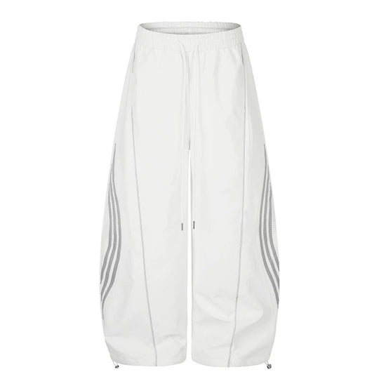Damen Weite Tech-Material Palazzohose mit Tunnelzugbund, reflektierenden Seitenstreifen und verstellbarem Kordel-Saum Shop Nory