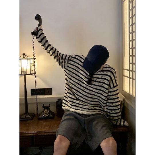 Unisex Grobgestrickter Oversized Ajour-Pullover mit Streifenmuster und V-Ausschnitt Shop Nory